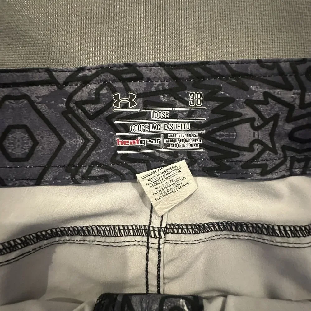 Under Armour Board Shorts Mens 38 Loose Geometric Heatgear Swim Black Gray